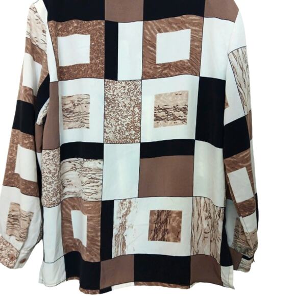Y2K Silky Blouse Sz 10 Abstract Colorblock Patchwork Geo Button up Office Career - Picture 10 of 13